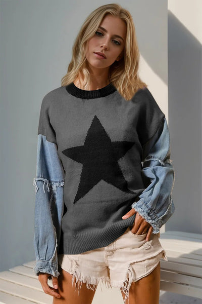 Double Take Full Size Star Pattern Raw Edge Long Sleeve Sweater - Chandeliers Boutique ny