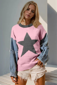 Double Take Full Size Star Pattern Raw Edge Long Sleeve Sweater - Chandeliers Boutique ny