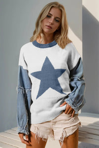 Double Take Full Size Star Pattern Raw Edge Long Sleeve Sweater - Chandeliers Boutique ny