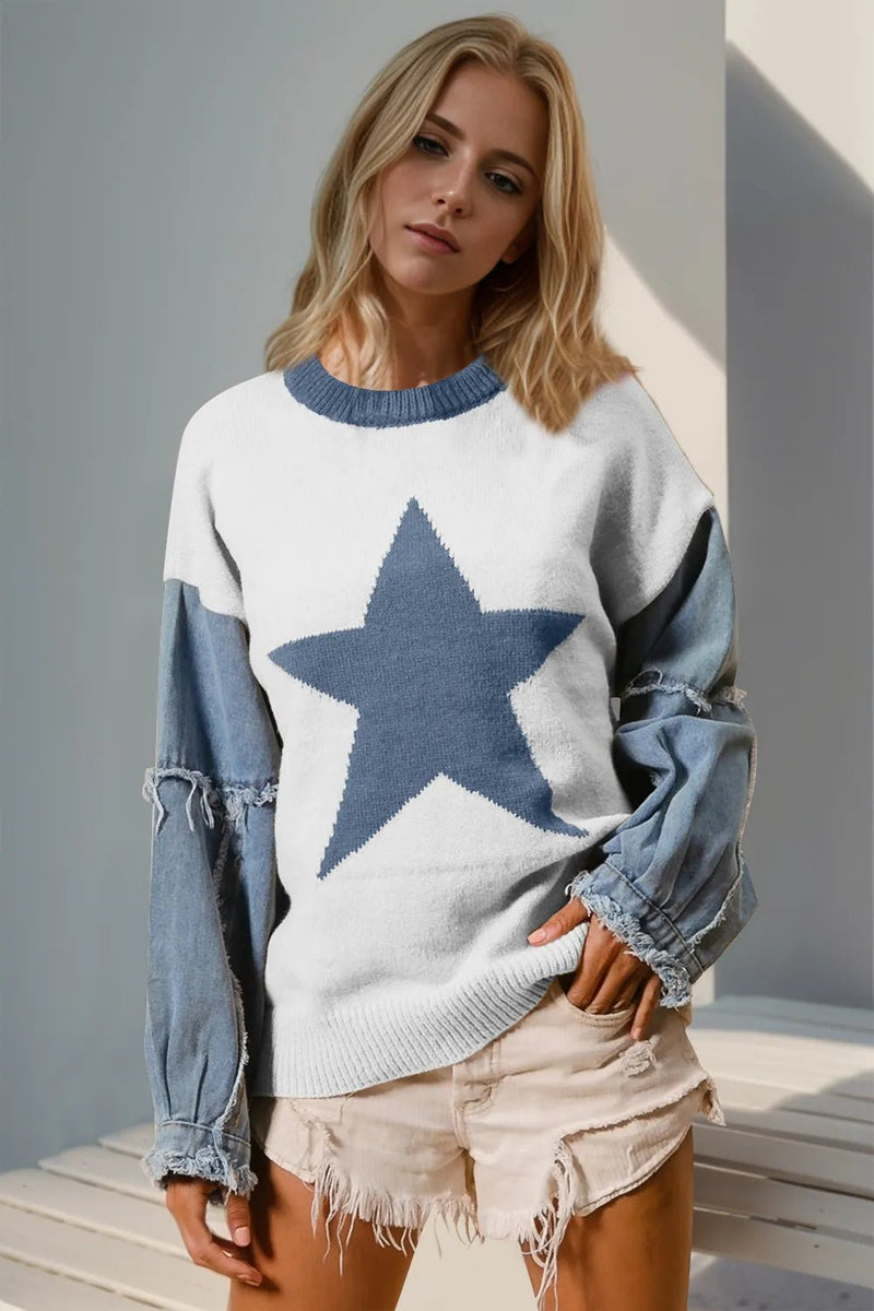 Double Take Full Size Star Pattern Raw Edge Long Sleeve Sweater - Chandeliers Boutique ny