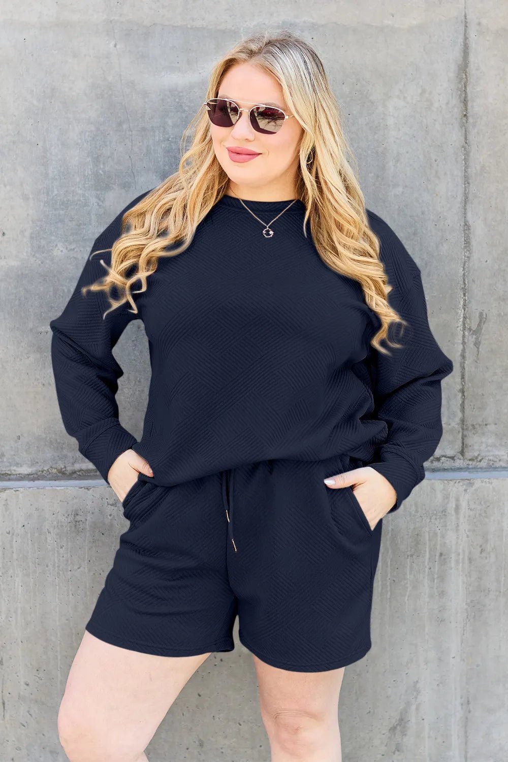 Double Take Full Size Texture Long Sleeve Top and Drawstring Shorts Set - Chandeliers Boutique ny