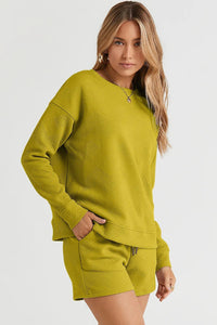 Double Take Full Size Texture Long Sleeve Top and Drawstring Shorts Set - Chandeliers Boutique ny