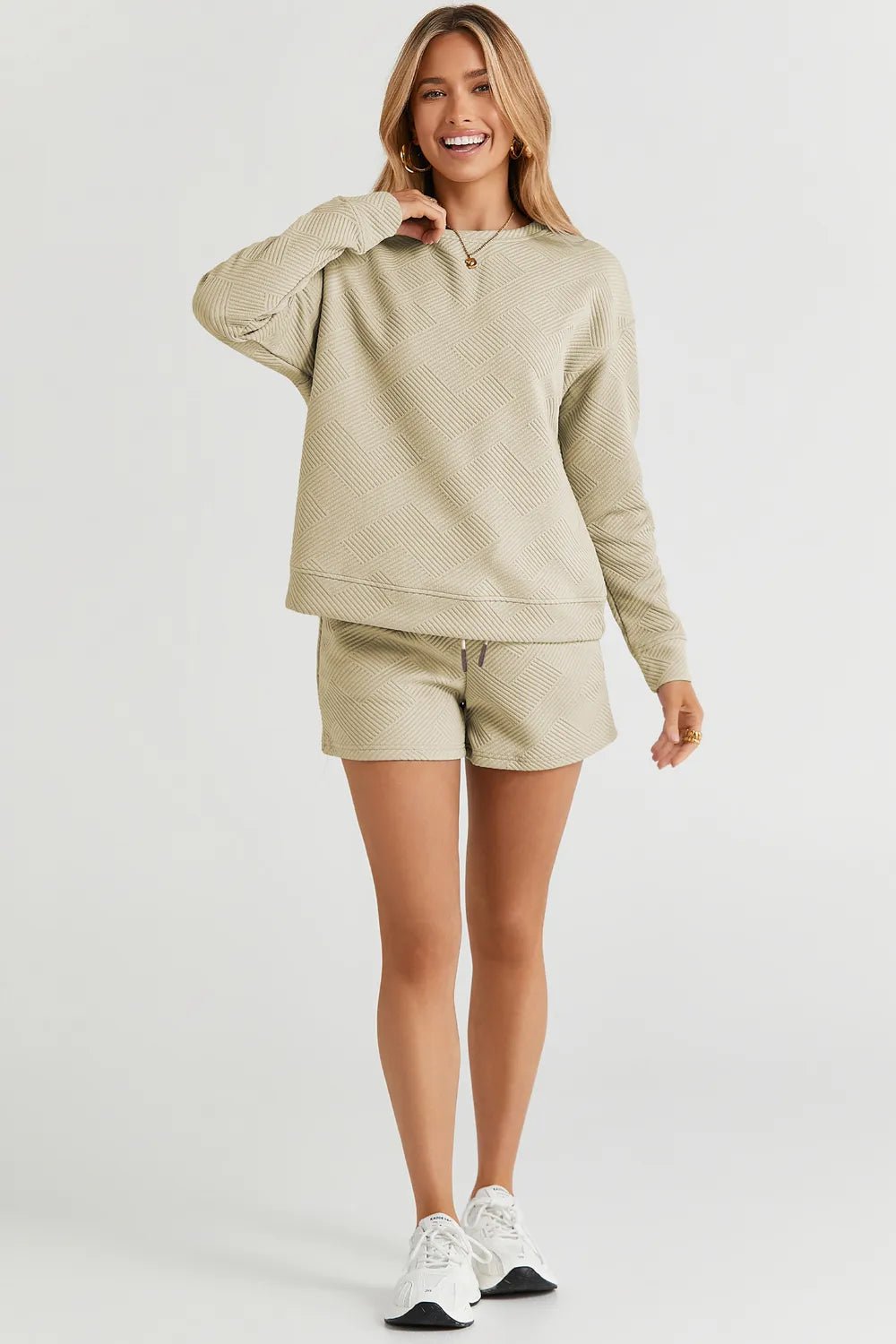 Double Take Full Size Texture Long Sleeve Top and Drawstring Shorts Set - Chandeliers Boutique ny