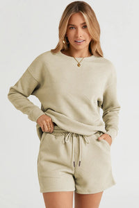 Double Take Full Size Texture Long Sleeve Top and Drawstring Shorts Set - Chandeliers Boutique ny
