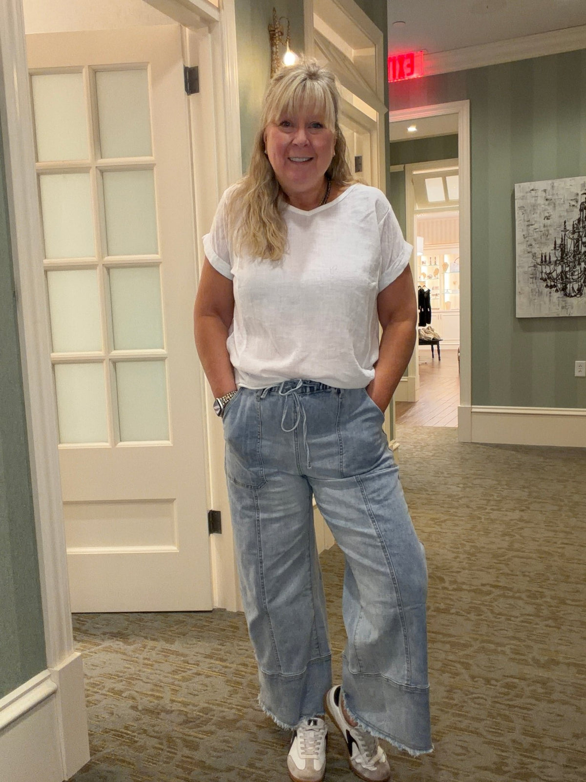 Drawstring Seam Detail Raw Hem Wide Leg Jeans - Chandeliers Boutique ny