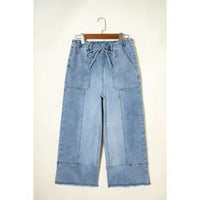Drawstring Seam Detail Raw Hem Wide Leg Jeans - Chandeliers Boutique ny