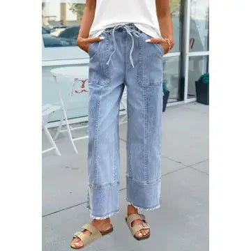 Drawstring Seam Detail Raw Hem Wide Leg Jeans - Chandeliers Boutique ny
