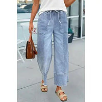 Drawstring Seam Detail Raw Hem Wide Leg Jeans - Chandeliers Boutique ny