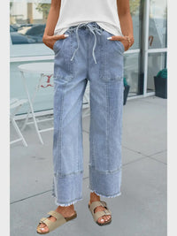 Drawstring Seam Detail Raw Hem Wide Leg Jeans - Chandeliers Boutique ny