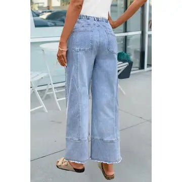Drawstring Seam Detail Raw Hem Wide Leg Jeans - Chandeliers Boutique ny