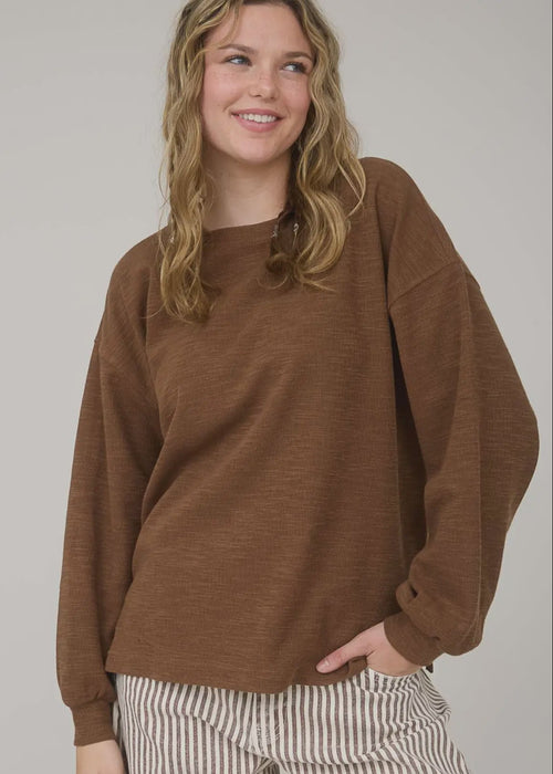 Drop Shoulder Raw Edge Marled Knit Top - Chandeliers Boutique ny