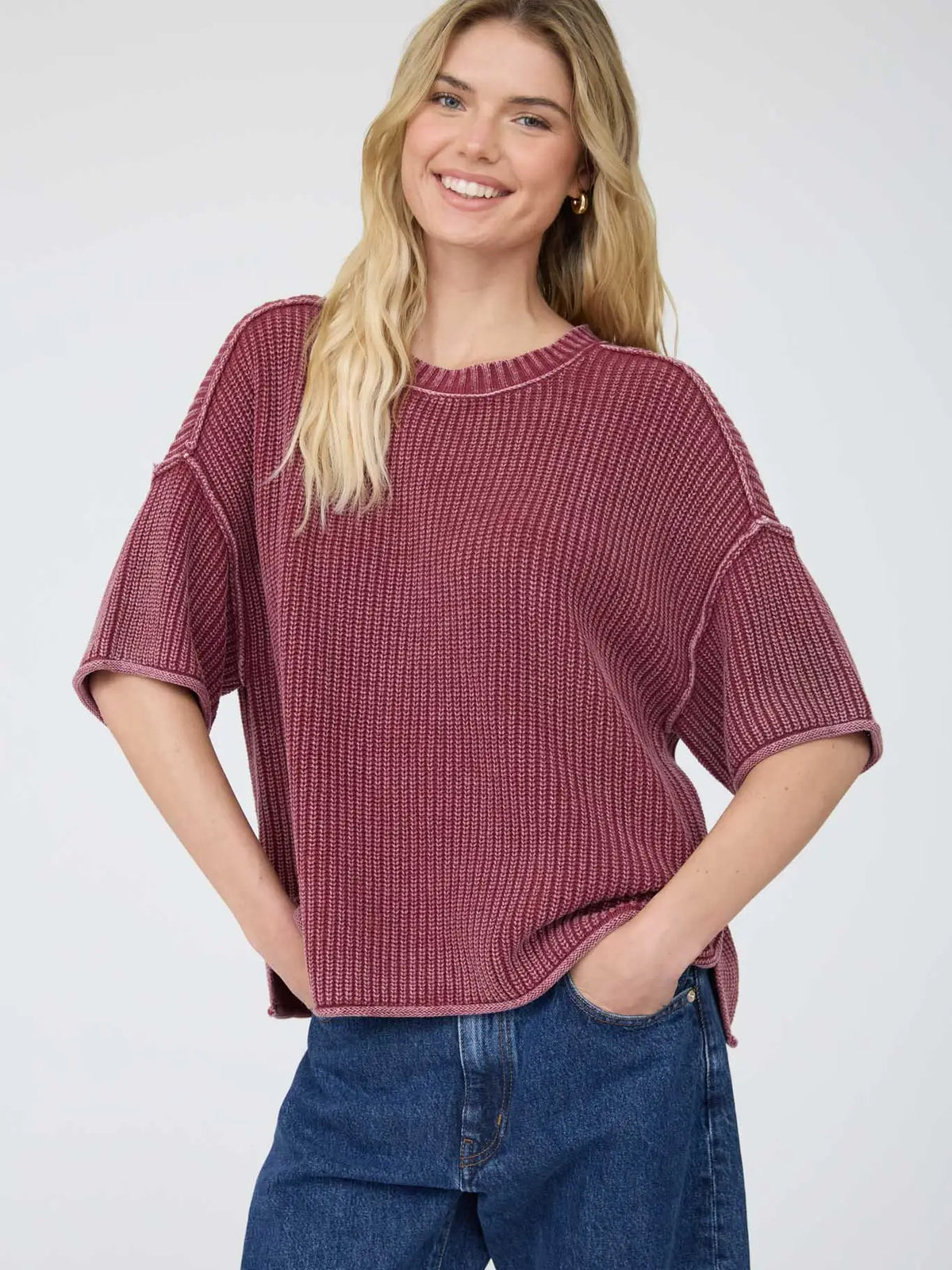 Washed Crew Neck Raw Edge Short Sleeve Sweater