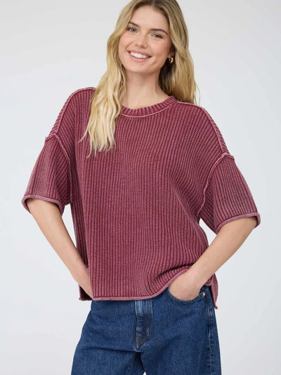 Washed Crew Neck Raw Edge Short Sleeve Sweater
