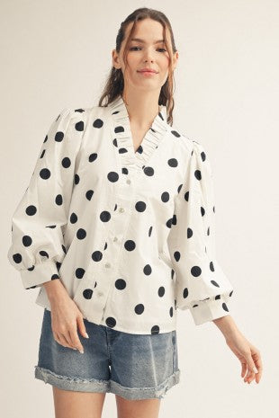 Ruffled Neckline Button Down Polka Dot Top