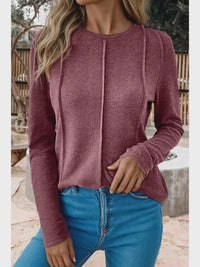 Solid Exposed Seam Crew Neck Long Sleeve