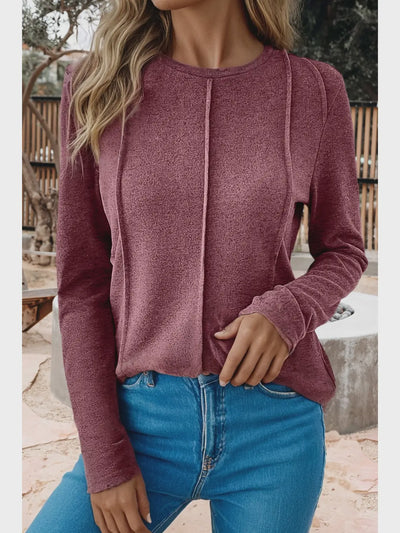 Solid Exposed Seam Crew Neck Long Sleeve