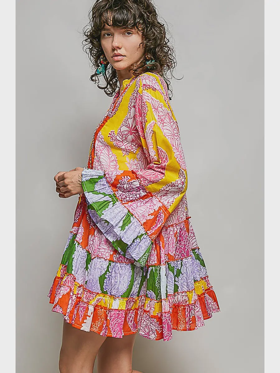 V Neck Ruffle Hem Bead Printed Woven Dress