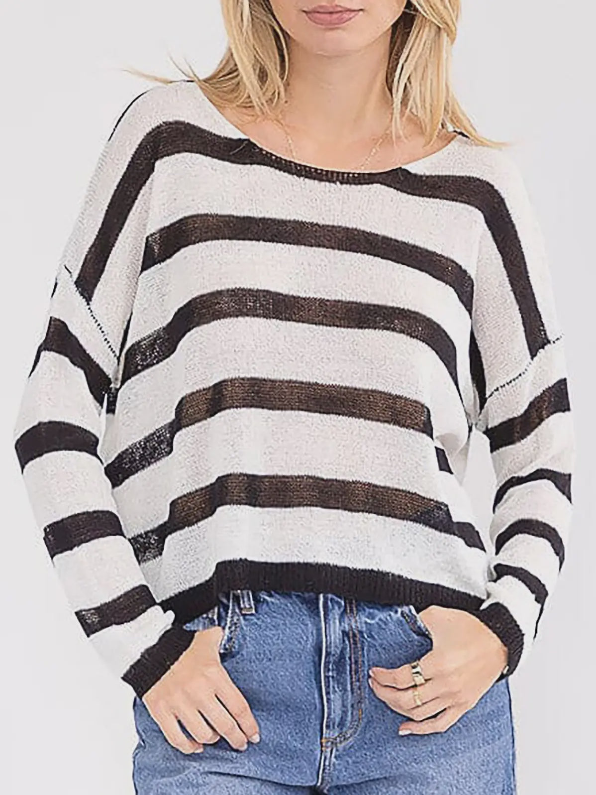 Stripe Knit Loose Fit Dolamn Blouse Top