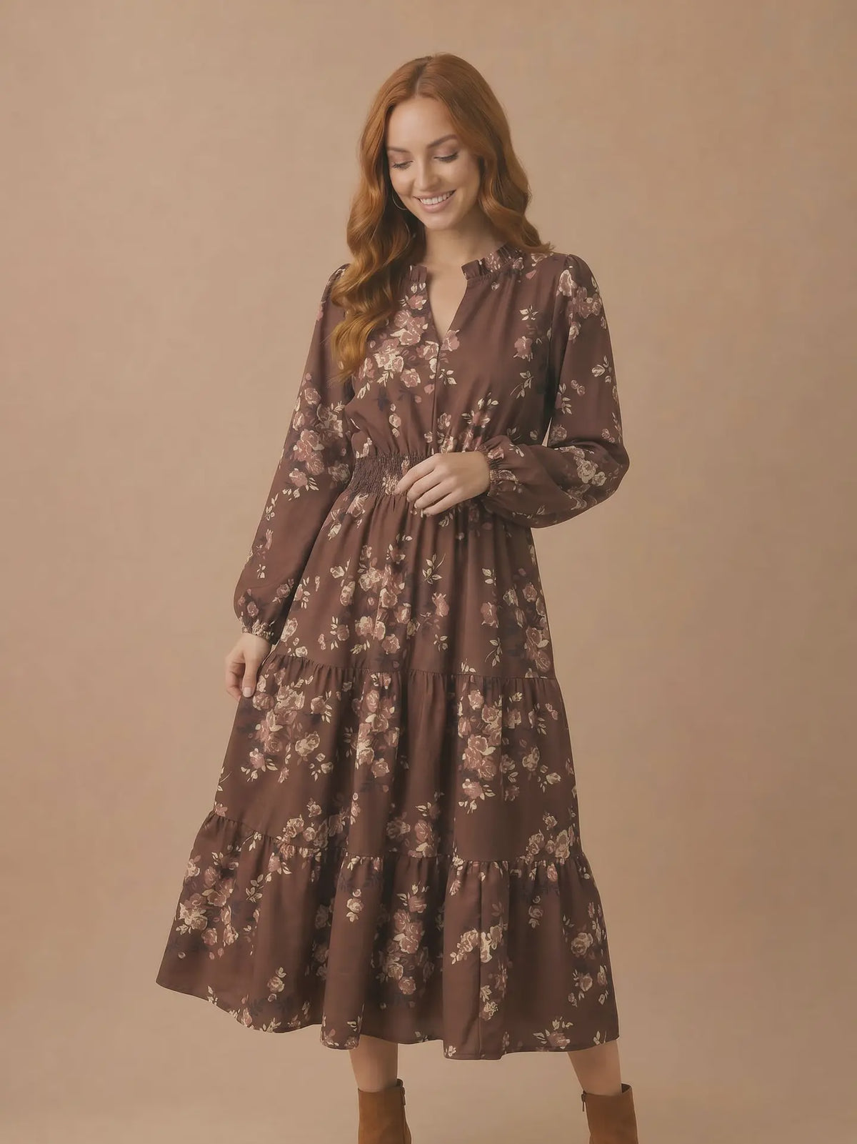 Frilled Notch Neck Floral Smocked Midi Dress