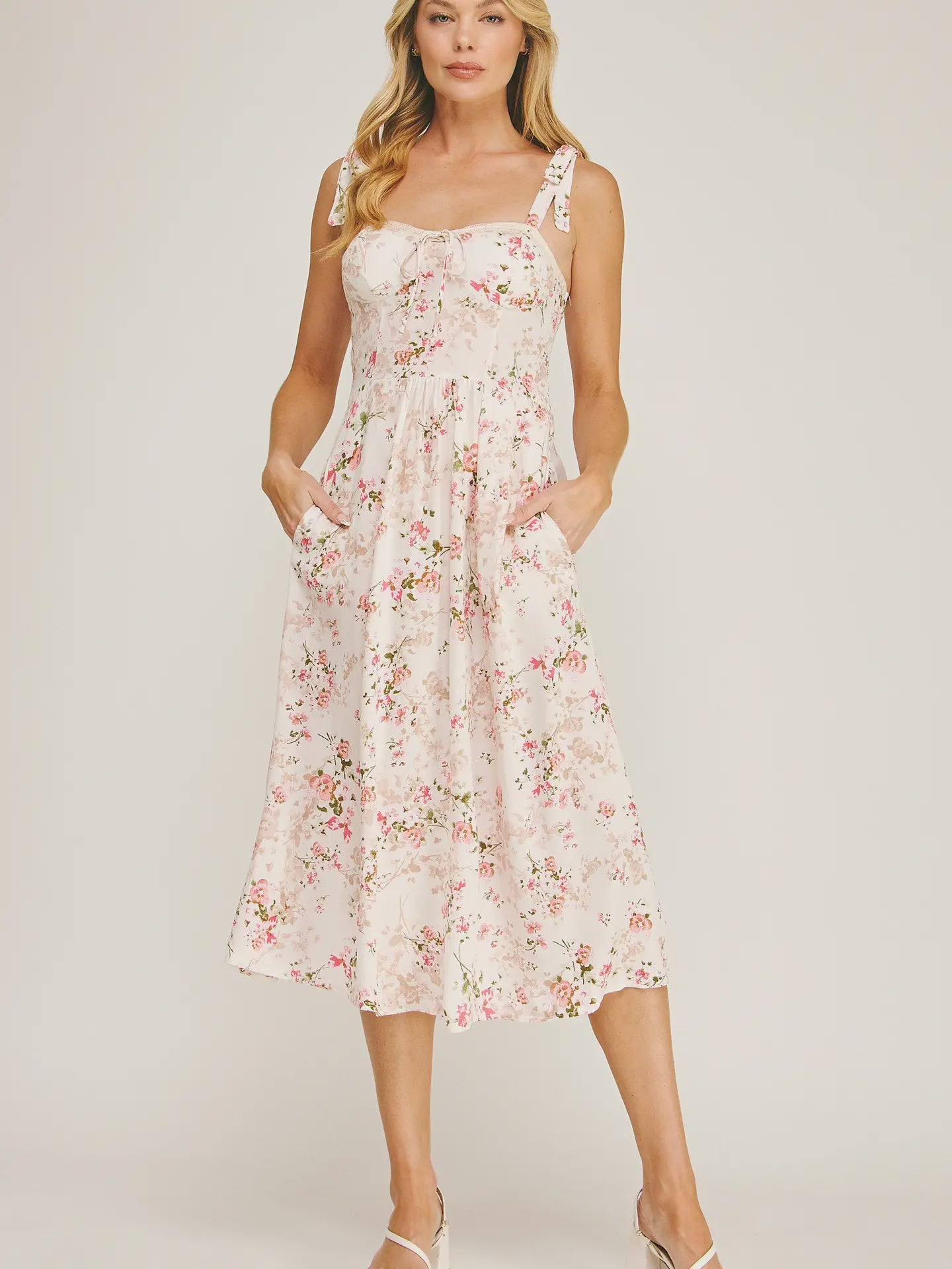 Romantic Floral Tie Strap Midi Dress