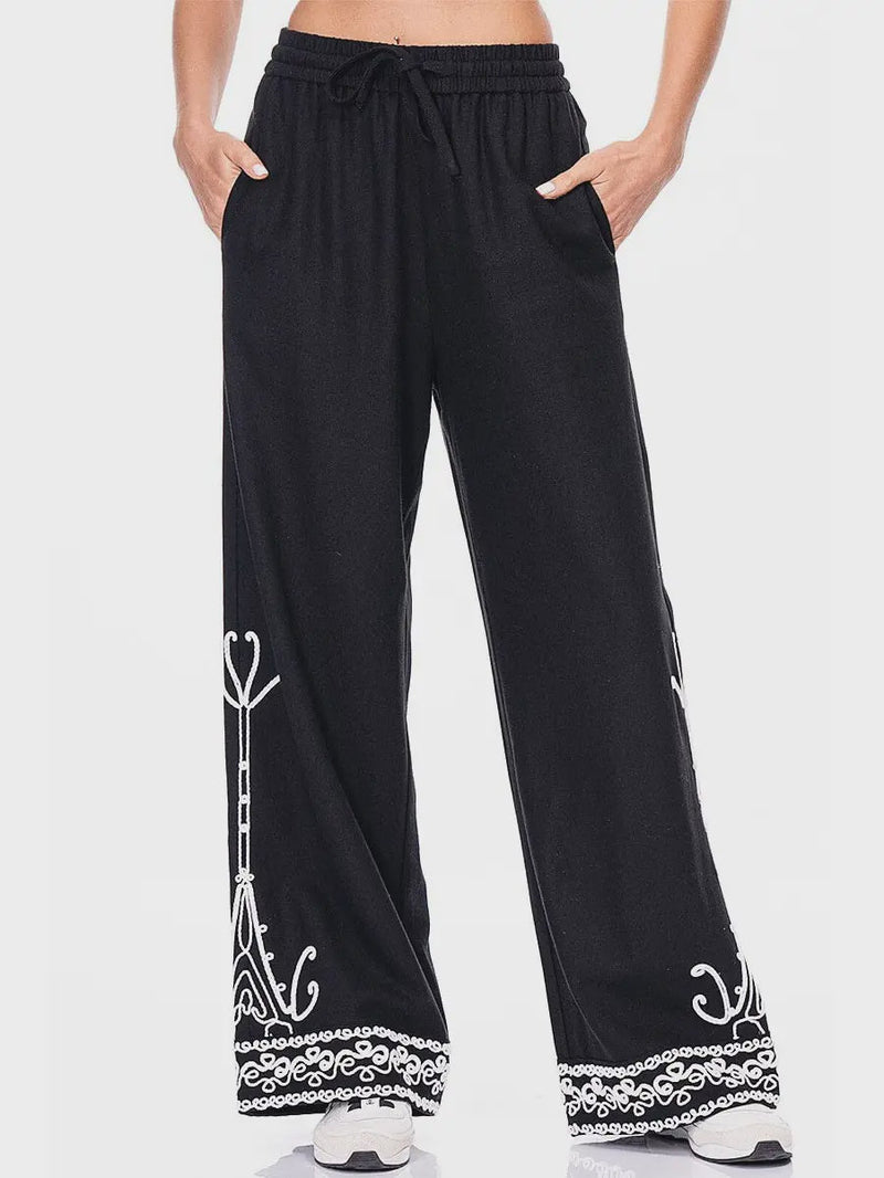 Elastic Waist Embroidery Linen Pants - Chandeliers Boutique ny