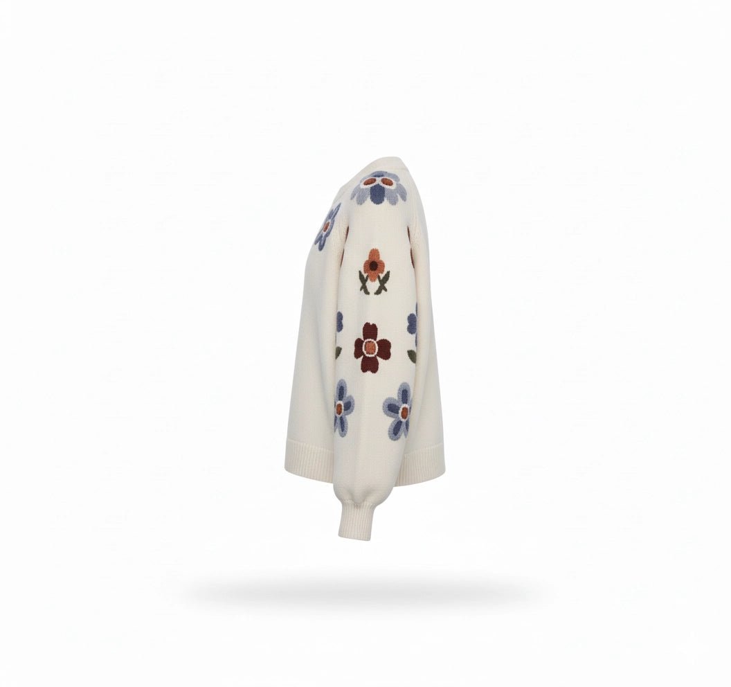 Embroidered Flower Sweater 3D Appliqué Lantern Sleeve - Chandeliers Boutique ny