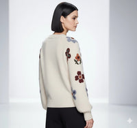 Embroidered Flower Sweater 3D Appliqué Lantern Sleeve - Chandeliers Boutique ny