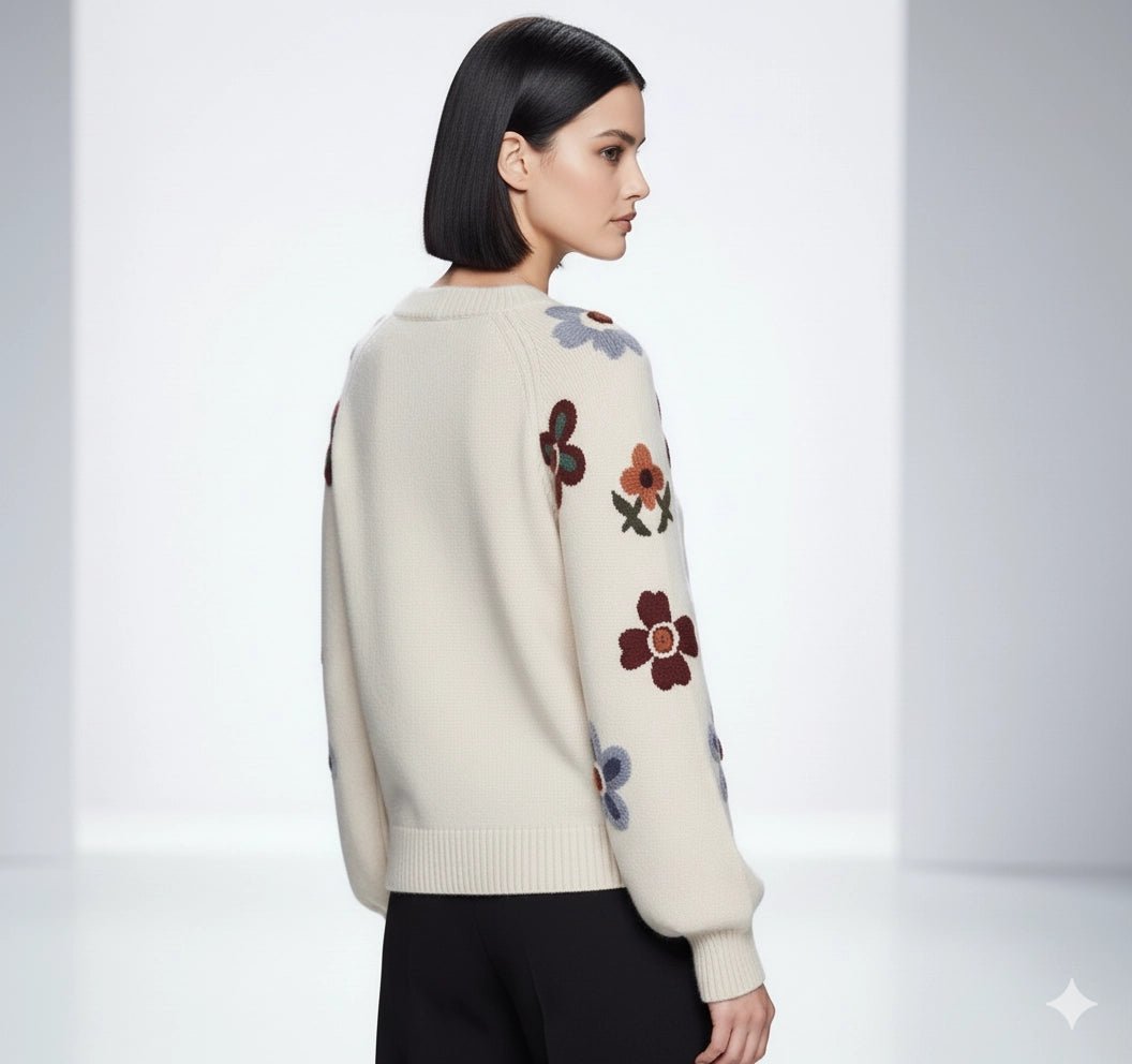 Embroidered Flower Sweater 3D Appliqué Lantern Sleeve - Chandeliers Boutique ny