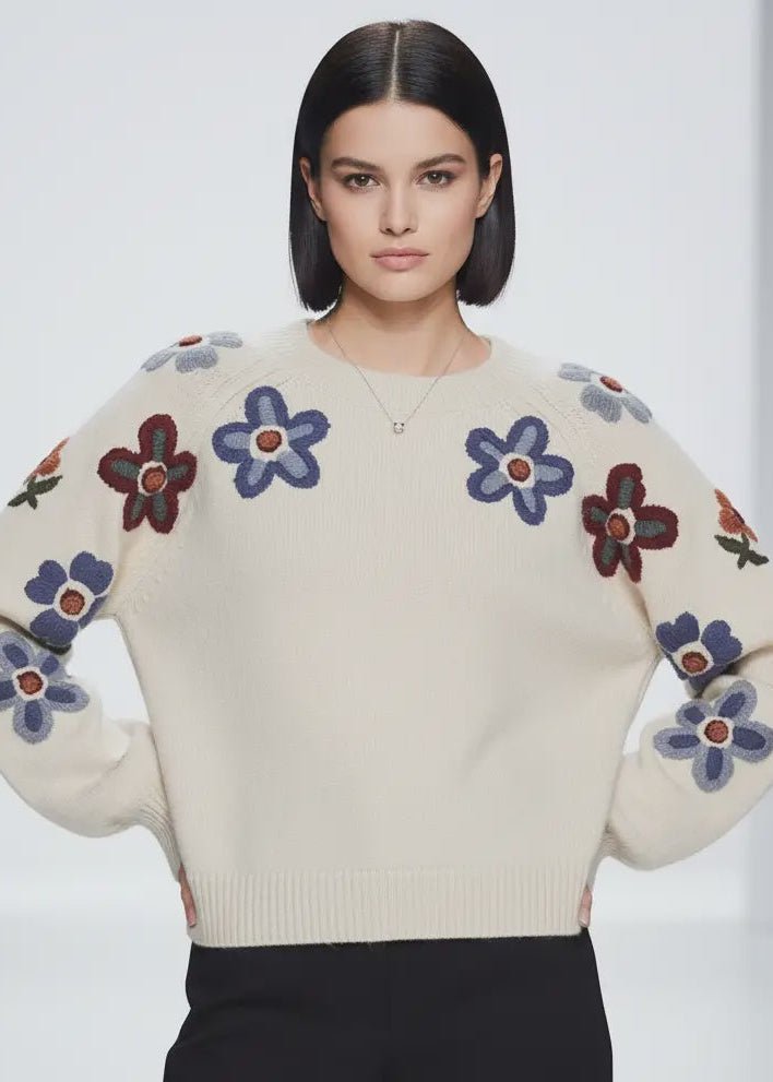 Embroidered Flower Sweater 3D Appliqué Lantern Sleeve - Chandeliers Boutique ny