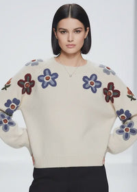 Embroidered Flower Sweater 3D Appliqué Lantern Sleeve - Chandeliers Boutique ny