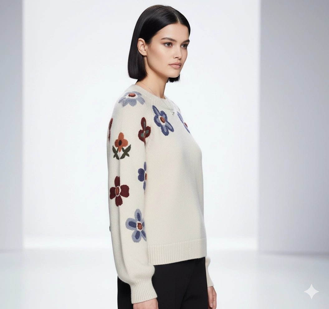 Embroidered Flower Sweater 3D Appliqué Lantern Sleeve - Chandeliers Boutique ny
