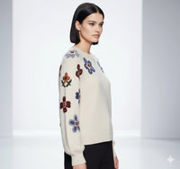 Embroidered Flower Sweater 3D Appliqué Lantern Sleeve - Chandeliers Boutique ny