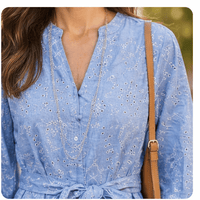 Embroidered V Neck Dress With Matching Belt - Chandeliers Boutique ny