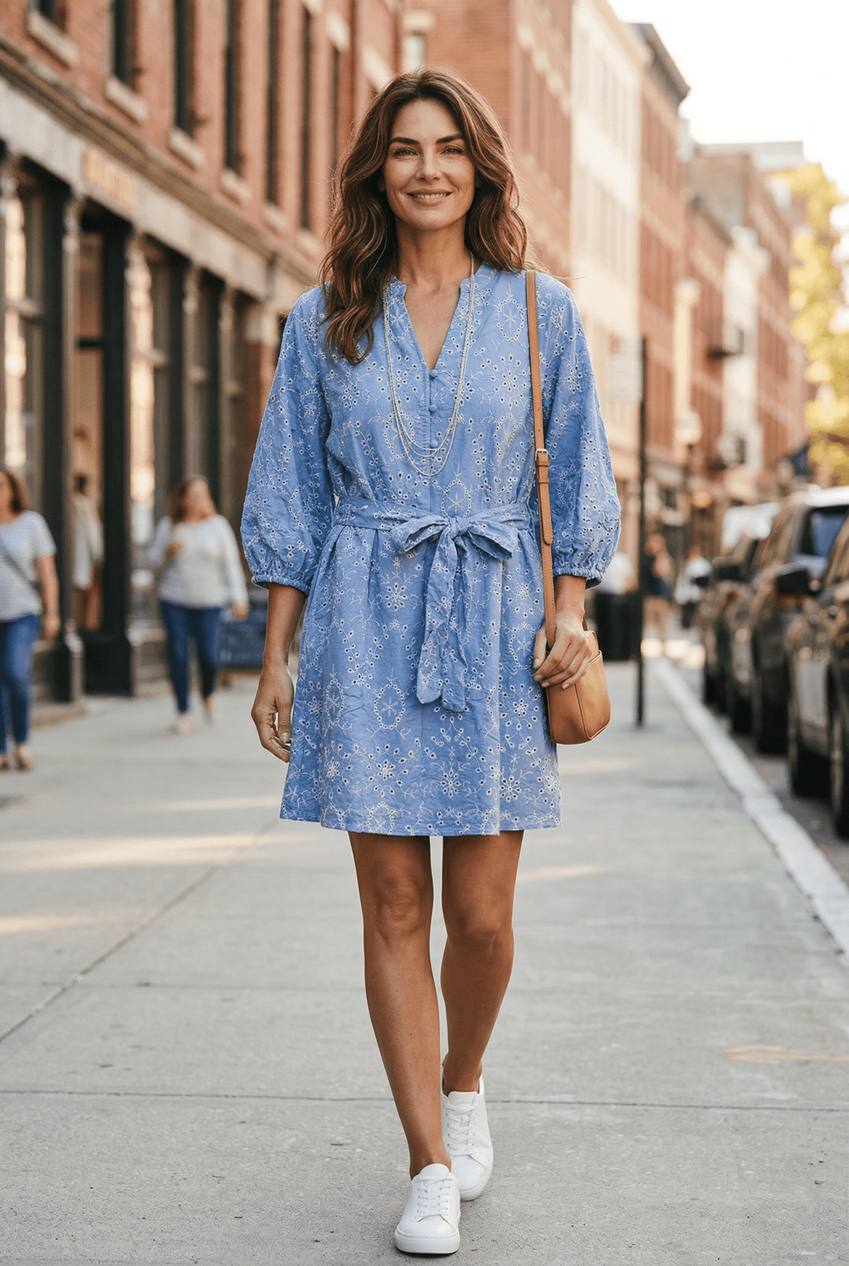Embroidered V Neck Dress With Matching Belt - Chandeliers Boutique ny