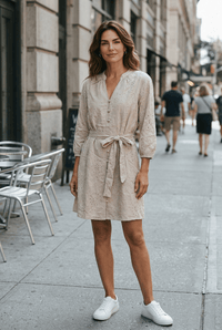 Embroidered V Neck Dress With Matching Belt - Chandeliers Boutique ny