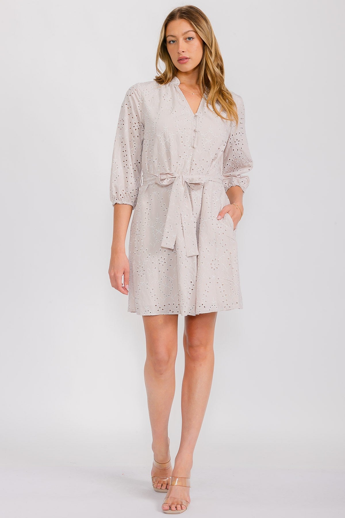 Embroidered V Neck Dress With Matching Belt - Chandeliers Boutique ny