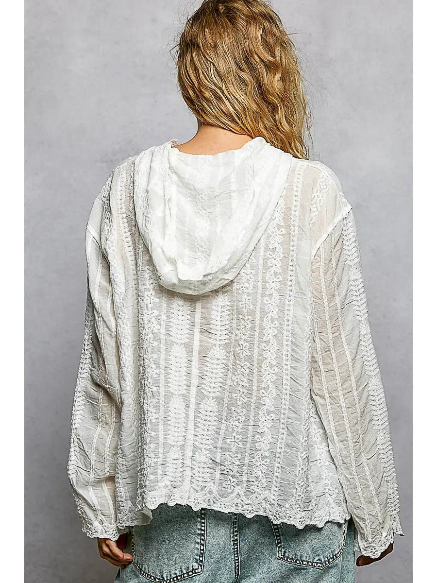 Embroidery Crochet Hoodie Button Down Top - Chandeliers Boutique ny