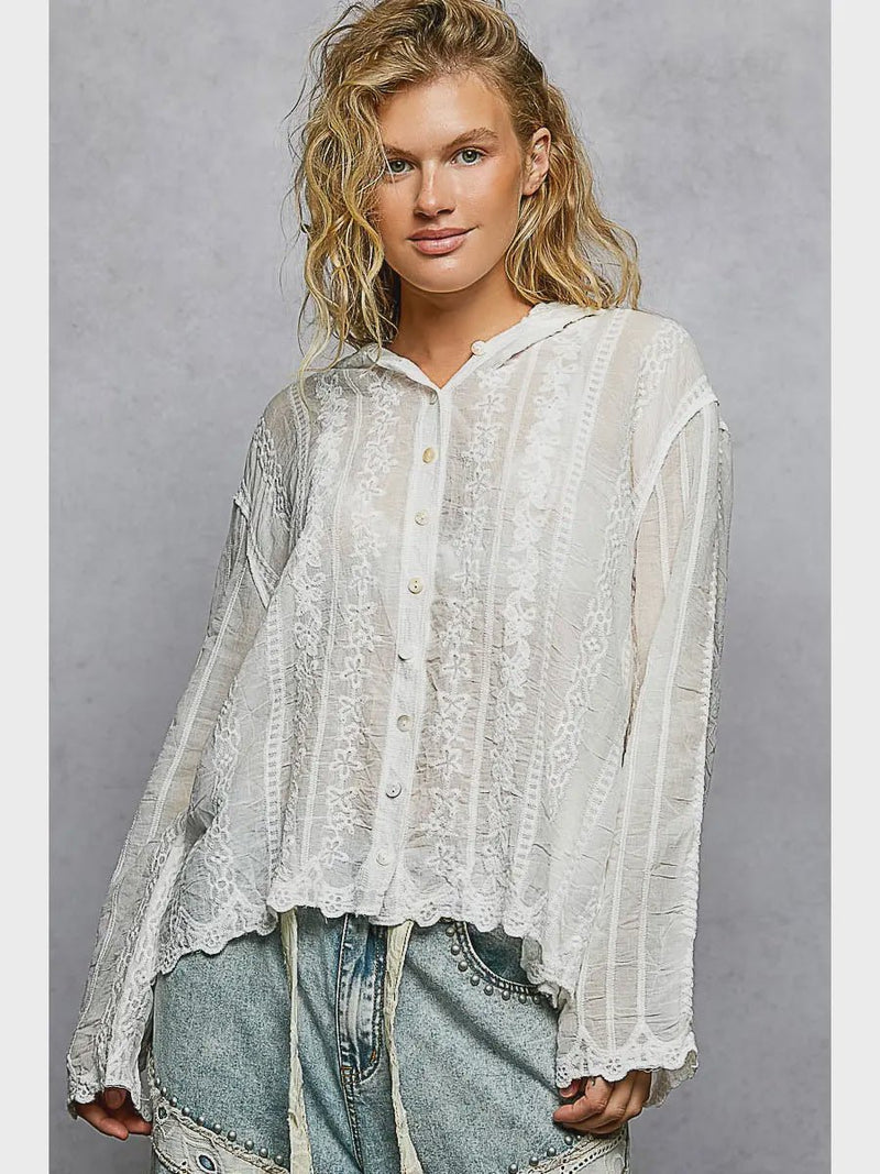 Embroidery Crochet Hoodie Button Down Top - Chandeliers Boutique ny