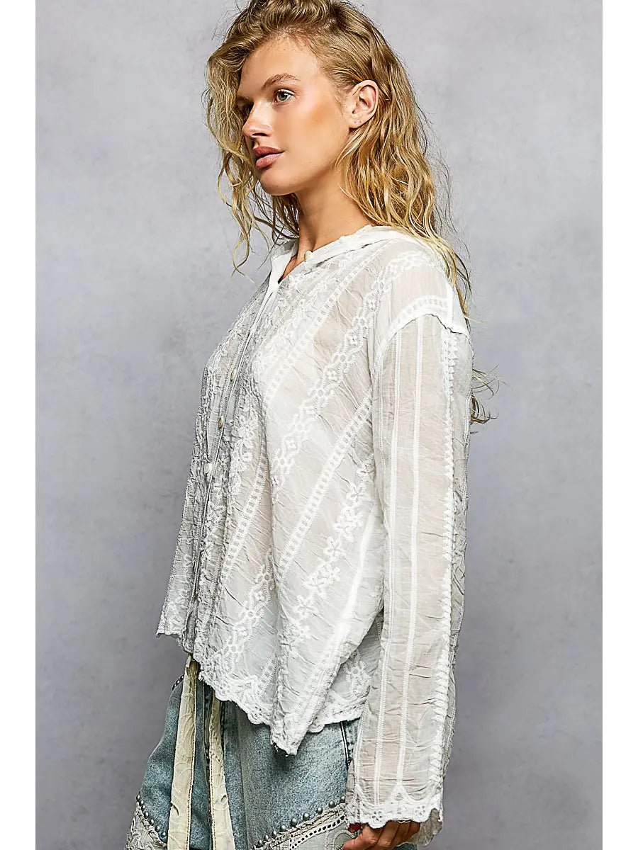 Embroidery Crochet Hoodie Button Down Top - Chandeliers Boutique ny