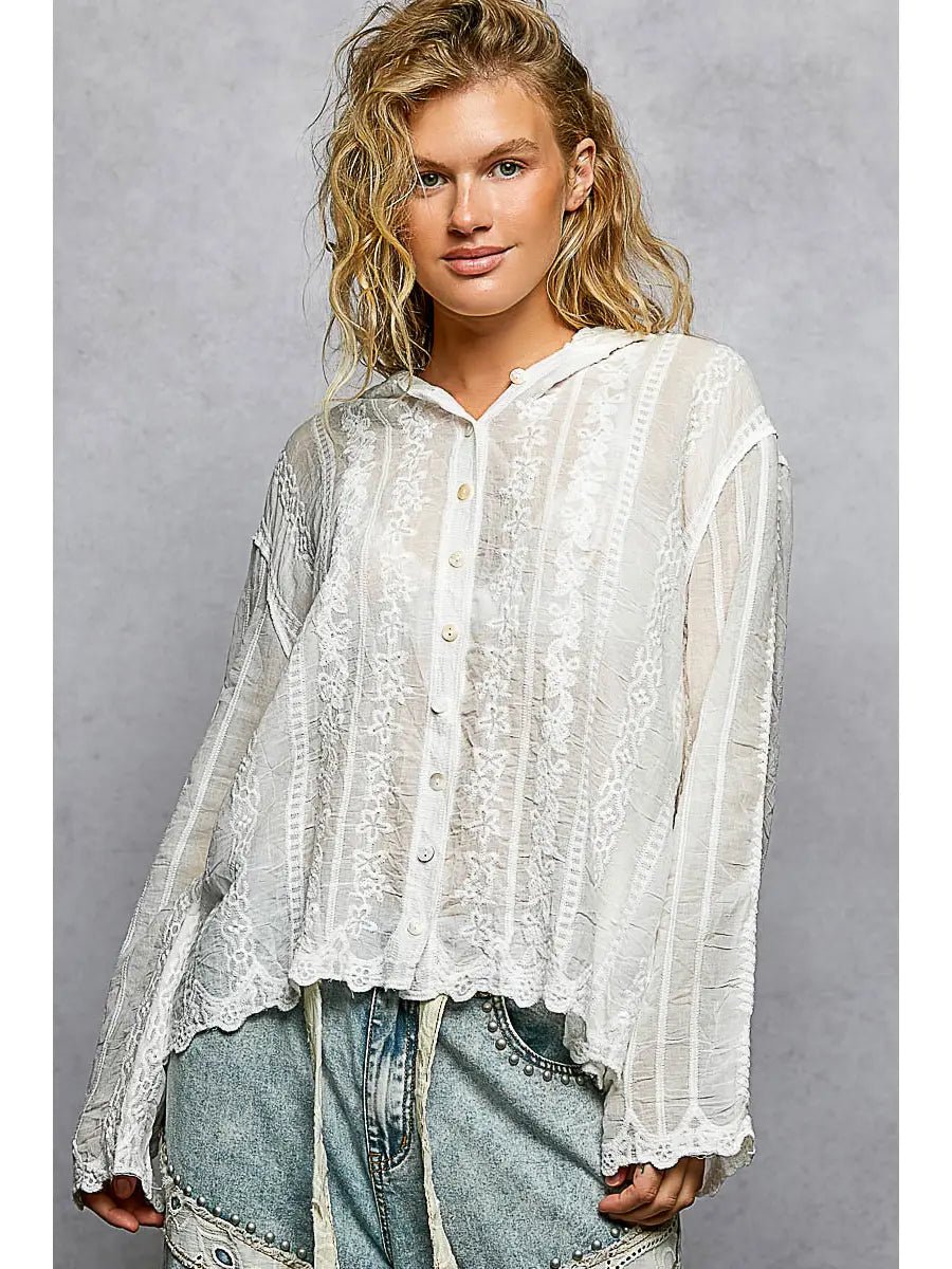 Embroidery Crochet Hoodie Button Down Top - Chandeliers Boutique ny