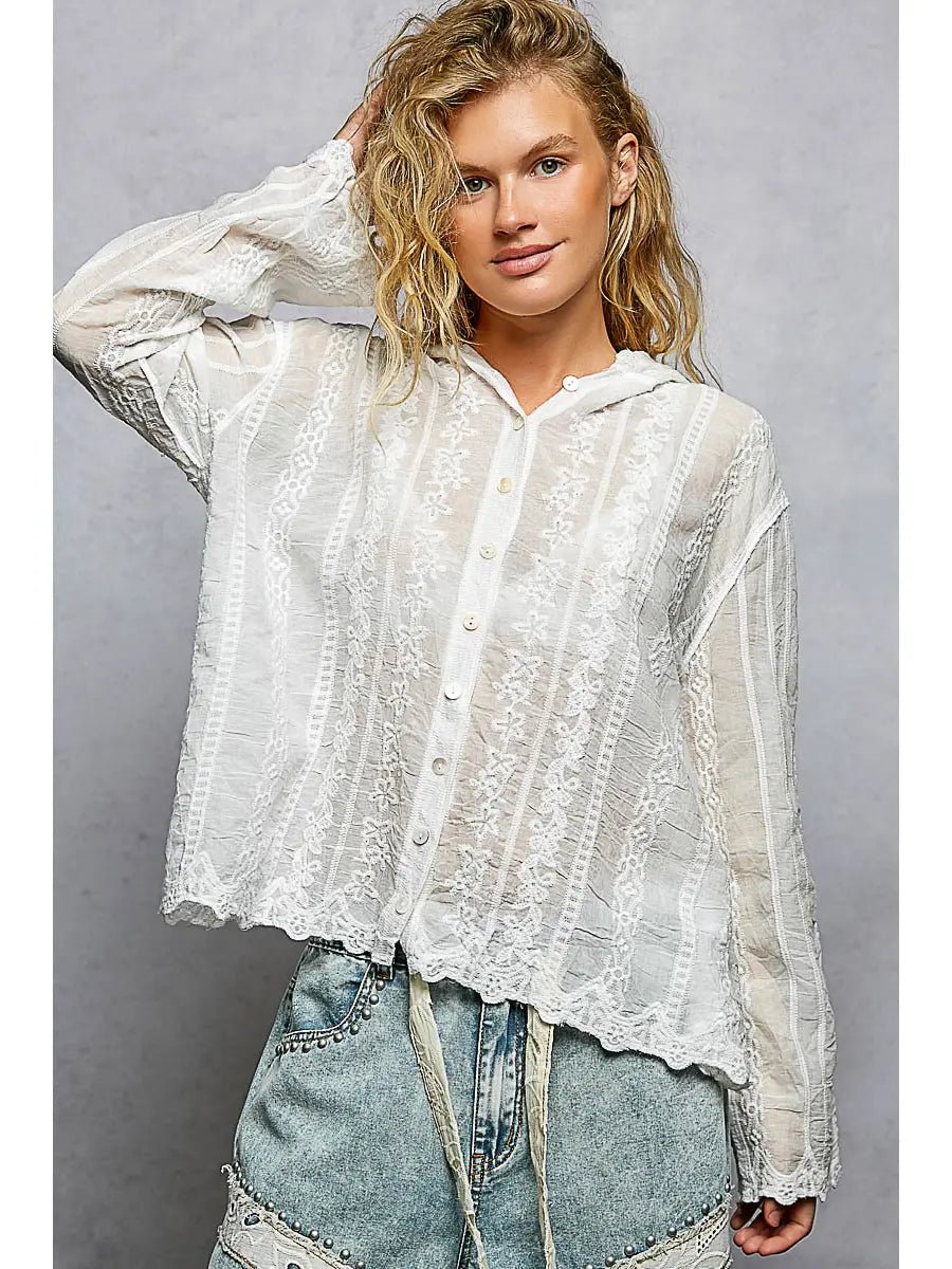 Embroidery Crochet Hoodie Button Down Top - Chandeliers Boutique ny