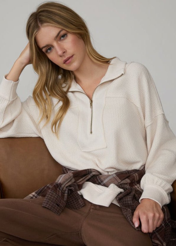 Exposed Seam Long Sleeve Textured Knit Polo - Chandeliers Boutique ny