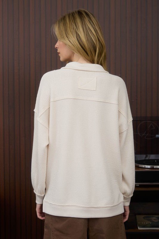 Exposed Seam Long Sleeve Textured Knit Polo - Chandeliers Boutique ny
