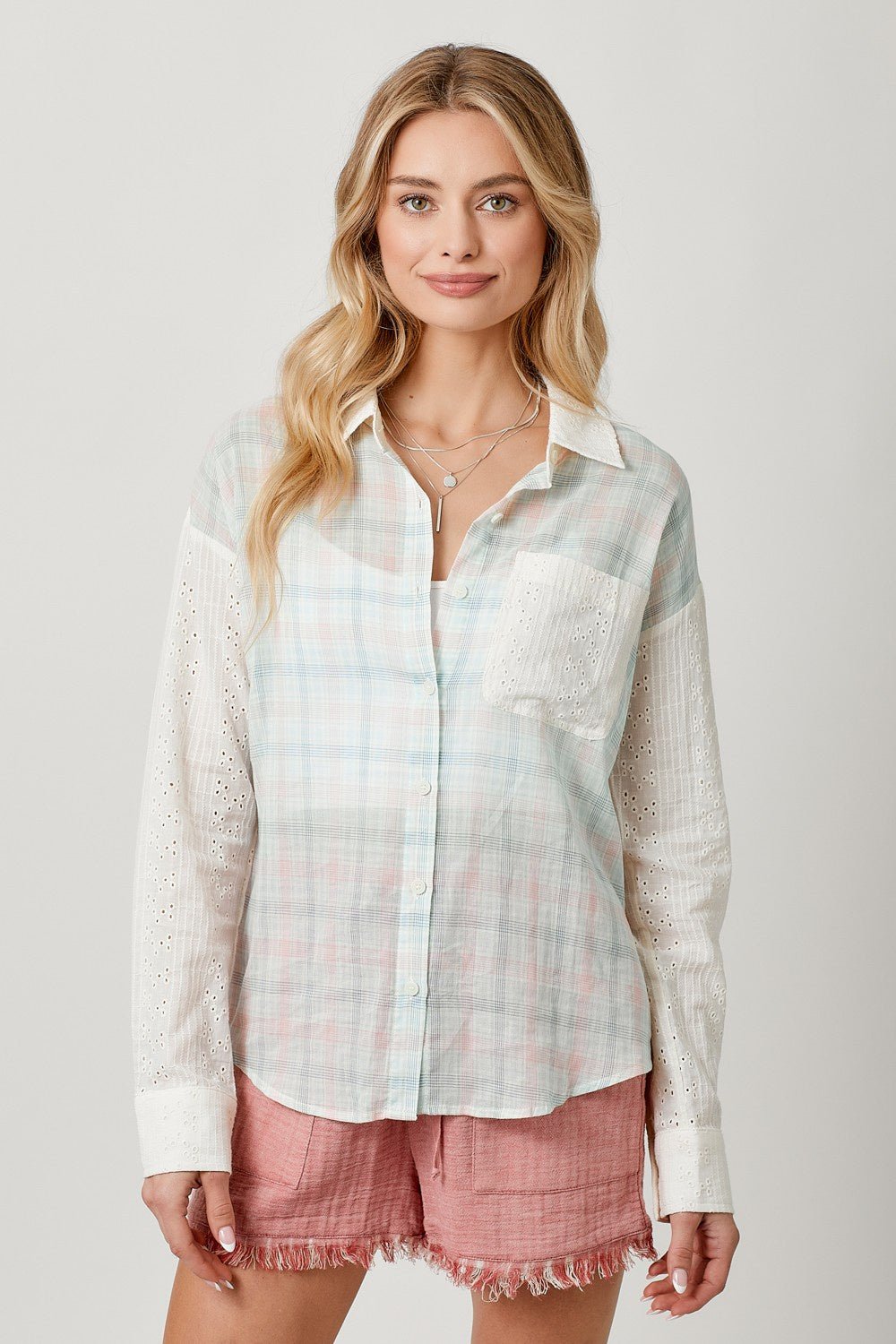 Eyelet Lace Blocked Button Down Shirt - Chandeliers Boutique ny