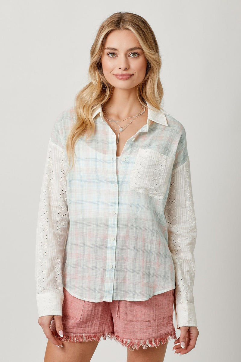 Eyelet Lace Blocked Button Down Shirt - Chandeliers Boutique ny