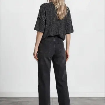Washed Crew Neck Raw Edge Short Sleeve Sweater