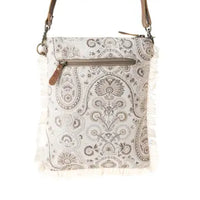 Trending  Loom Tapestry Upcycled Canvas Crossbody  Sage  Fringe Detail