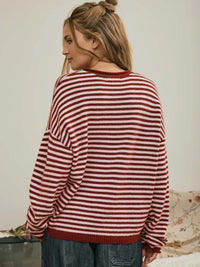 Button Henley Stripe Drop Shoulder Sweater