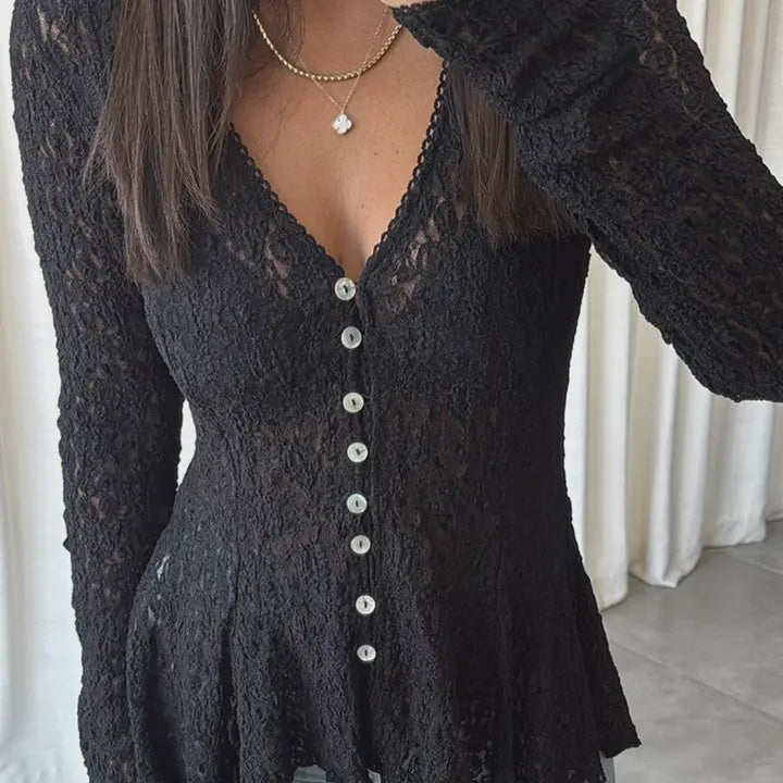 Lace Button-Front Flared Blouse