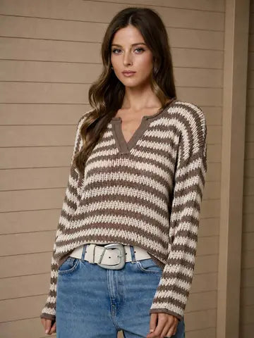 Stripe Raw Edge Split Neck Sheer Knit Sweater